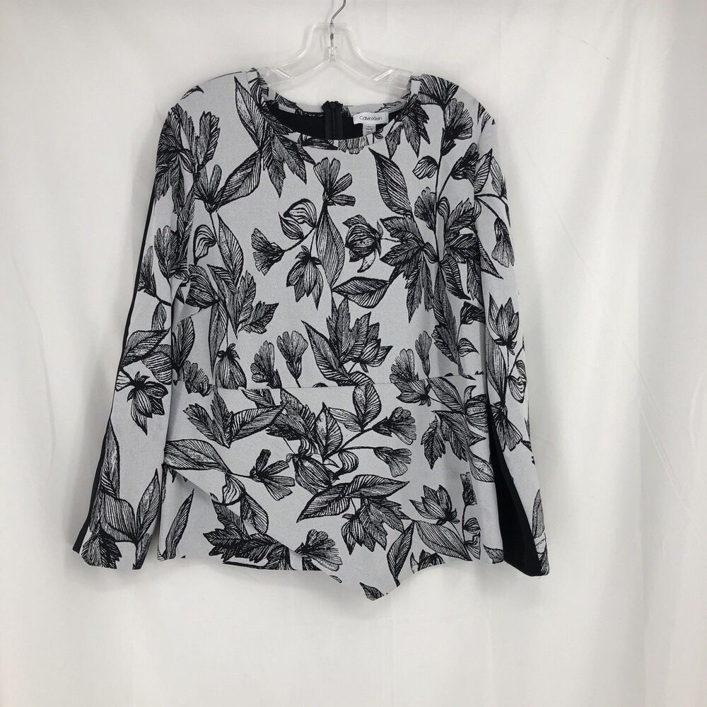 Calvin Klein Black White Floral Blouse Crew Neck Zip Back XL